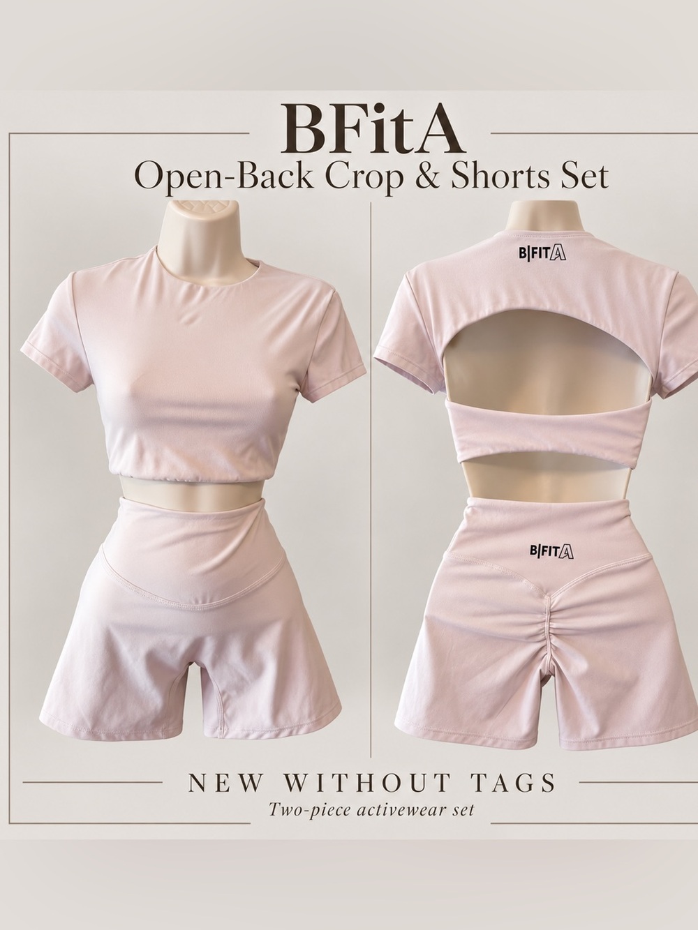 BFitA Cream 2 Piece Activewear Set Open Back Crop Top High Waist Shorts  S NWOT